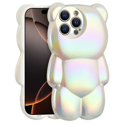 Apple iPhone 16 Pro Max (6.9) - White Holographic 3D Bear TPU Case with White TPU Edge Bumper - Elegant Protection with a Playful Twist