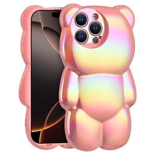 Apple iPhone 16 Pro Max (6.9) - Pink Holographic 3D Bear TPU Case with Pink TPU Edge Bumper - Stylish Protection with a Fun Twist