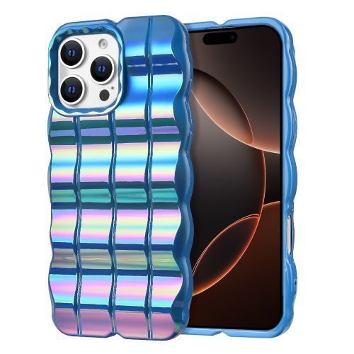 Apple iPhone 16 Pro Max (6.9) - Blue Holographic Wavy Design TPU Case with Black TPU Edge Bumper - Bold Protection with a Stunning Look