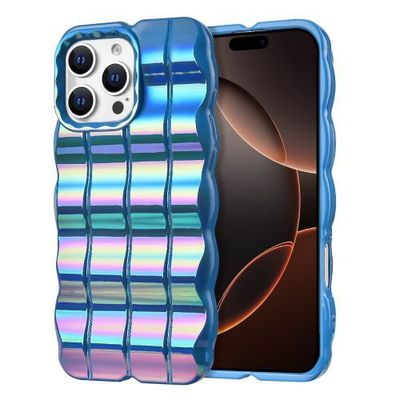 Apple iPhone 16 Pro Max (6.9) - Blue Holographic Wavy Design TPU Case with Black TPU Edge Bumper - Bold Protection with a Stunning Look
