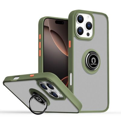 Apple iPhone 16 Pro Max (6.9) - Black Frosted PC Cover with Army Green and Orange Bumper with Ring Stand and Magnet Mount - Rugged Protection and Versatile Functionality Apple iPhone 16 Pro Max (6.9) - Black Frosted PC Cover with Army Green and Orange Bumper with Ring Stand and Magnet Mount - Rugged Protection and Versatile Functionality