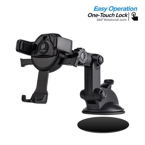 Black Universal One Touch Lock Dashboard and Windshield Swivel Head Car Mount Holder - Secure, Adjustable, and Hands-Free Solution