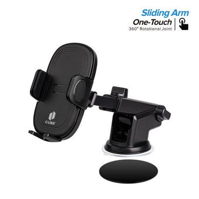 Black Universal One Touch Lock 360 Stereo Rotation Sliding Arm Dashboard and Windshield Car Mount Holder - Secure and Adjustable Hands-Free Solution