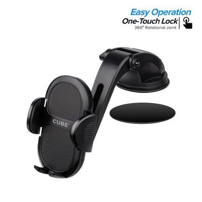 Black Universal One Touch Lock 360 Rotation Angle Dashboard and Windshield Car Mount Holder - Secure, Adjustable, Hands-Free Solution