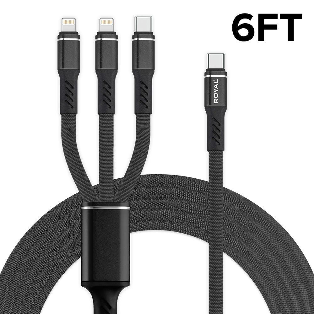 6ft 3 In 1 Type C Cable with 2 iPhone & 1 Type C Connector Nylon Braided Material available in black, blue, red, white