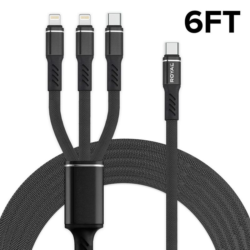 6ft 3 In 1 Type C Cable with 2 iPhone & 1 Type C Connector Nylon Braided Material available in black, blue, red, white