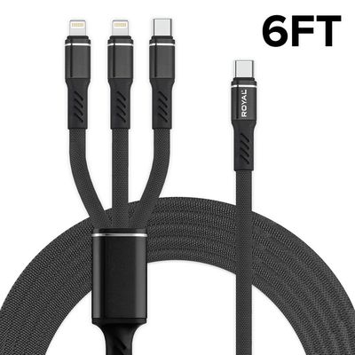 6ft 3 In 1 Type C Cable with 2 iPhone & 1 Type C Connector Nylon Braided Material available in black, blue, red, white