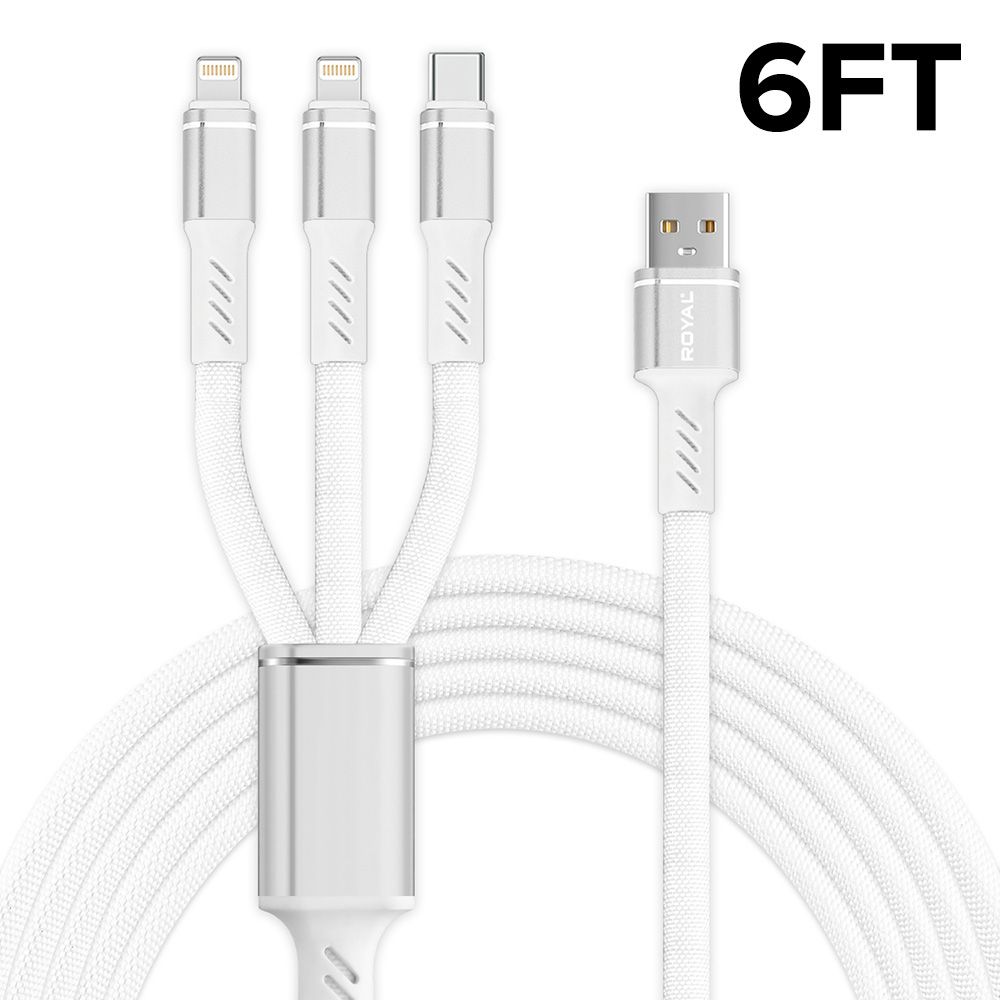 6ft 3 In 1 Type C Cable with 2 iPhone & 1 USB Connector Nylon Braided Material
