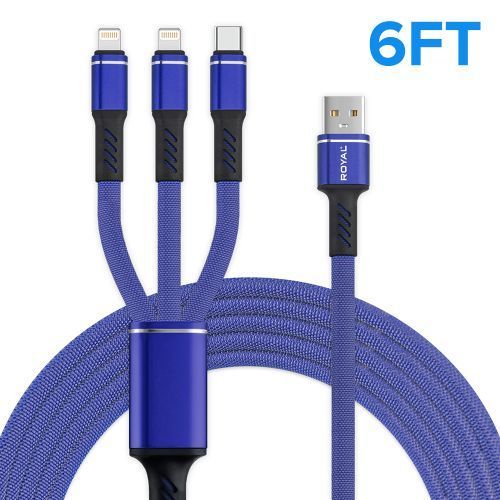 6ft 3 In 1 Type C Cable with 2 iPhone & 1 USB Connector Nylon Braided Material