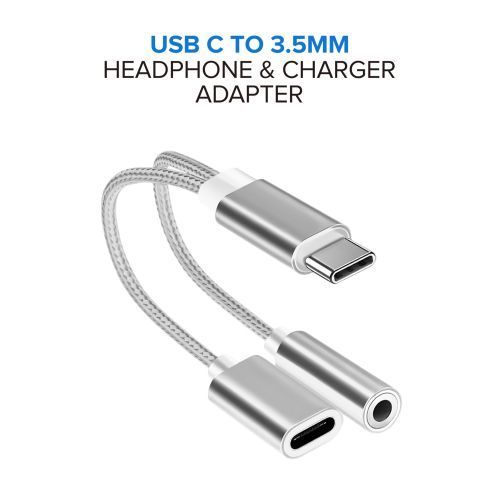 Silver USB C to 3.5mm Headphone and Charger Adapter - Premium Audio and Charging Solution