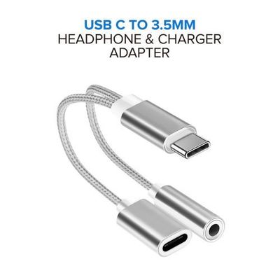 Silver USB C to 3.5mm Headphone and Charger Adapter - Premium Audio and Charging Solution