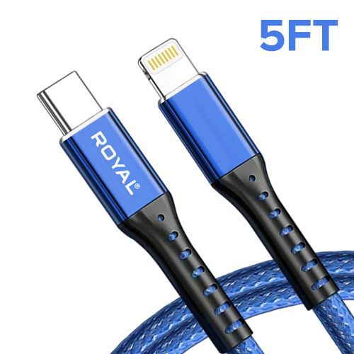 5ft Type C to iPhone Fast Charging Nylon Braided Premium Cable - Available in Red, Blue, Black, White, and Gray