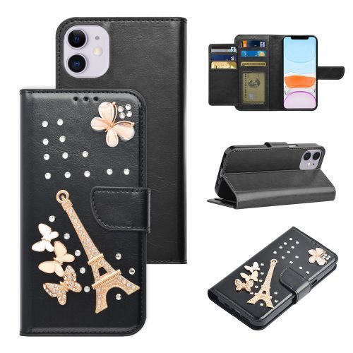 Apple iPhone 11 (6.1) - Black High Quality Leather Bling Butterfly Eiffel Tower Rhinestone Wallet Case with Credit Card Holder in Premium Box Packaging Apple iPhone 11 (6.1) - Black High Quality Leather Bling Butterfly Eiffel Tower Rhinestone Wallet Case with Credit Card Holder in Premium Box Packaging
