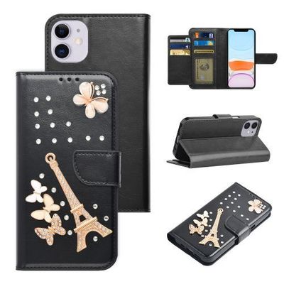 Apple iPhone 11 (6.1) - Black High Quality Leather Bling Butterfly Eiffel Tower Rhinestone Wallet Case with Credit Card Holder in Premium Box Packaging Apple iPhone 11 (6.1) - Black High Quality Leather Bling Butterfly Eiffel Tower Rhinestone Wallet Case with Credit Card Holder in Premium Box Packaging