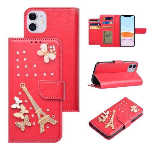 Apple iPhone 11 (6.1) - Hot Pink High Quality Leather Bling Butterfly Eiffel Tower Rhinestone Wallet Case with Credit Card Holder In Premium Box Packaging Apple iPhone 11 (6.1) - Hot Pink High Quality Leather Bling Butterfly Eiffel Tower Rhinestone Wallet Case with Credit Card Holder In Premium Box Packaging
