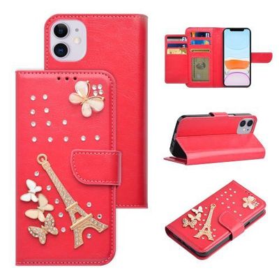 Apple iPhone 11 (6.1) - Hot Pink High Quality Leather Bling Butterfly Eiffel Tower Rhinestone Wallet Case with Credit Card Holder In Premium Box Packaging Apple iPhone 11 (6.1) - Hot Pink High Quality Leather Bling Butterfly Eiffel Tower Rhinestone Wallet Case with Credit Card Holder In Premium Box Packaging