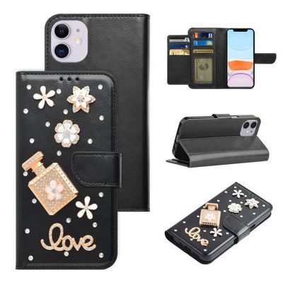 Apple iPhone 11 (6.1) High-Quality Leather Bling Perfume Bottle Love Rhinestone Wallet Case with Credit Card Holder in Premium Box Packaging
