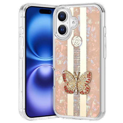 Apple iPhone 16 (6.1) - Purple & Rose Gold Luxury Hard Back Butterfly Rhinestone Studded Mirror Strap Case with Clear Protective Edge Bumper for Ultimate Protection