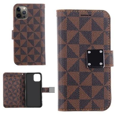 Apple iPhone 11 Pro Max Brown & Black Modern Pattern Canvas Wallet Case with Hidden Double Fold Credit Card Pouch & TPU Cover – Stylish and Practical Protection