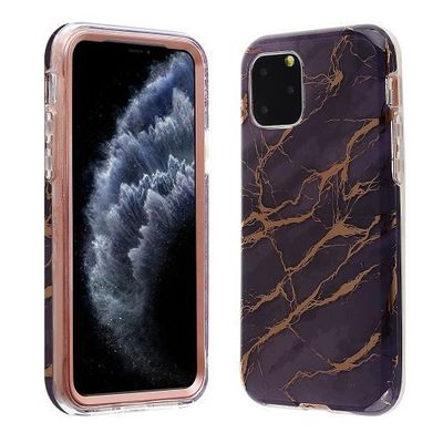 Apple iPhone 11 Pro Slim Full-Body Protective Case – Dark Purple Marble with Rose Gold Texture Design