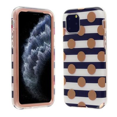 Apple iPhone 11 Pro Slim Full-Body Protective Case – Black & White Stripes with Rose Gold Polka Dots Design