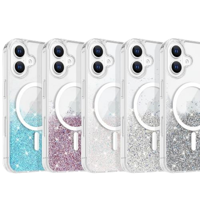 Apple iPhone 16 (6.1) - Holographic Gold, Blue Glitter, Hot Pink Glitter, or Silver Glitter Twinkle Stardust Effect Hard Clear Case with TPU Edge Bumper, Compatible with MagSafe Charger