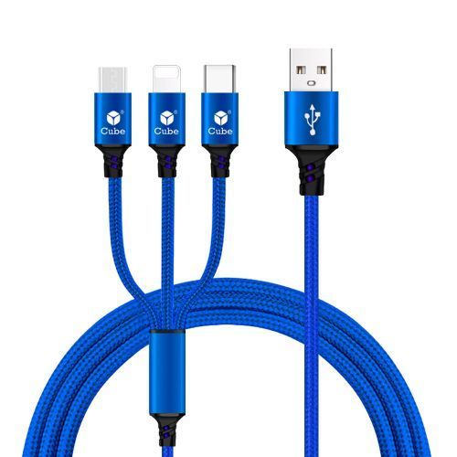 iPhone, Micro USB & Type-C 4ft Braided Charging Cable – Blue & Red, Fast Charging, Premium Packaging