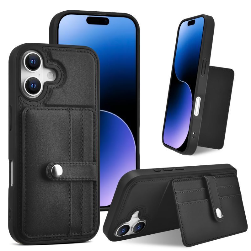 Shockproof TPU Edge Case for iPhone 16 (6.1) – Card Holder Kickstand in Black, Blue, Brown & Carbon Fiber