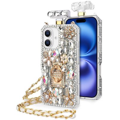 Premium Clear TPU Perfume Bottle Cases for iPhone 16 (6.1) – Rhinestone Designs with Ring Stand & Detachable Strap