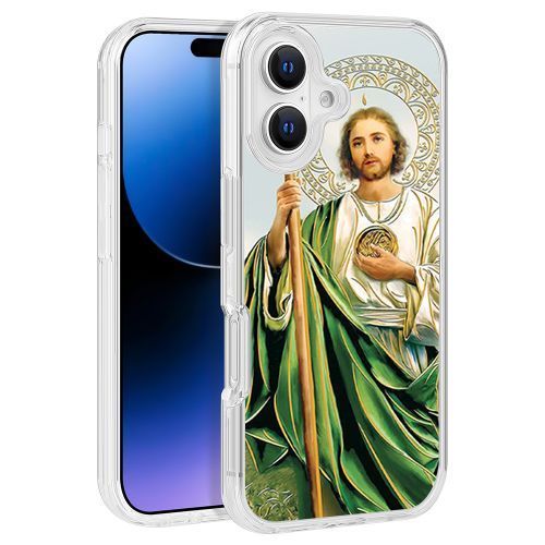 Green Pasture Saint Judas Renaissance Design Clear PC Hard Cover for iPhone 16 (6.1) – TPU Bumper Edge Protection