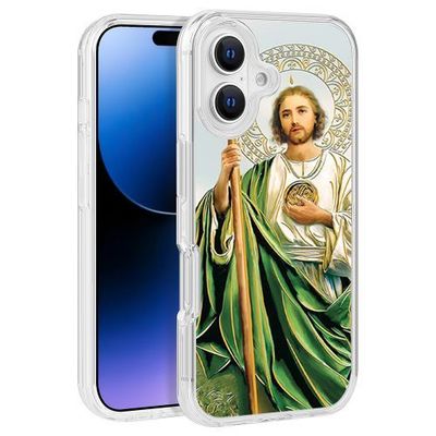 Green Pasture Saint Judas Renaissance Design Clear PC Hard Cover for iPhone 16 (6.1) – TPU Bumper Edge Protection