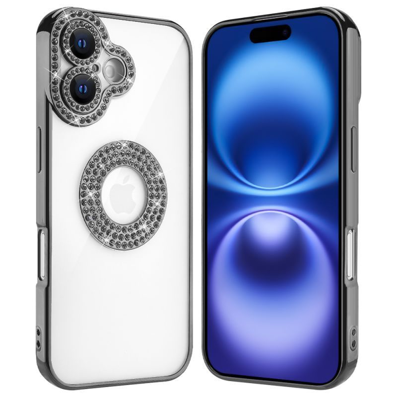 Clear Guard Luxury Rhinestone Back Cover for iPhone 16 (6.1) – Black and Blue TPU Edge Bumper Protection