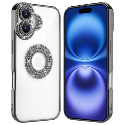 Clear Guard Luxury Rhinestone Back Cover for iPhone 16 (6.1) – Black and Blue TPU Edge Bumper Protection