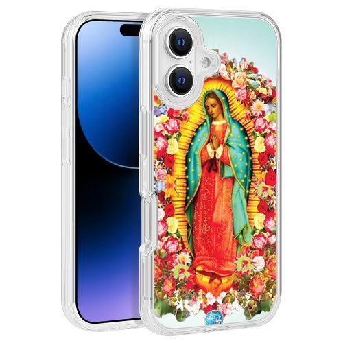Floral Virgin Mary Renaissance Design Clear PC Hard Cover for iPhone 16 (6.1) – TPU Bumper Edge Protection