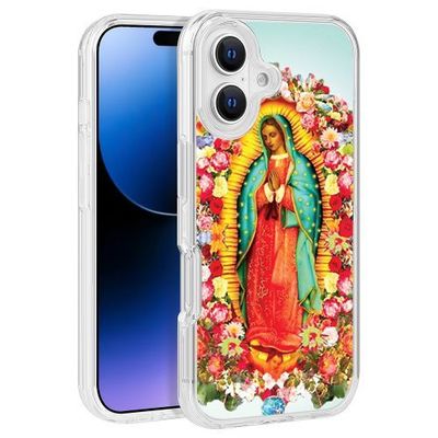 Floral Virgin Mary Renaissance Design Clear PC Hard Cover for iPhone 16 (6.1) – TPU Bumper Edge Protection