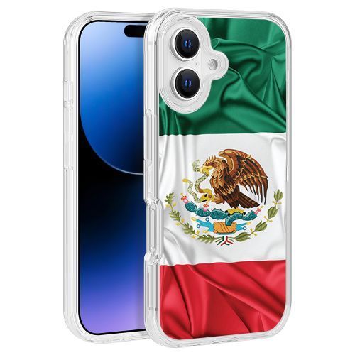 Mexico Flag Texture Design Clear PC Hard Cover for iPhone 16 (6.1) – TPU Bumper Edge Protection