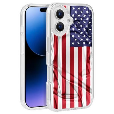 USA Flag Texture Design Clear PC Hard Cover for iPhone 16 (6.1) – TPU Bumper Edge Protection