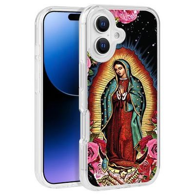 Virgin Mary with Red Halo Texture Design Clear PC Hard Cover for iPhone 16 (6.1) – TPU Bumper Edge Protection