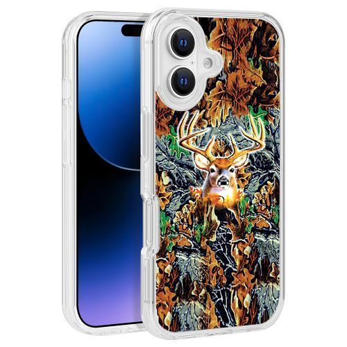 Deer & Leaves Texture Design Clear PC Hard Cover for iPhone 16 (6.1) – TPU Bumper Edge Protection