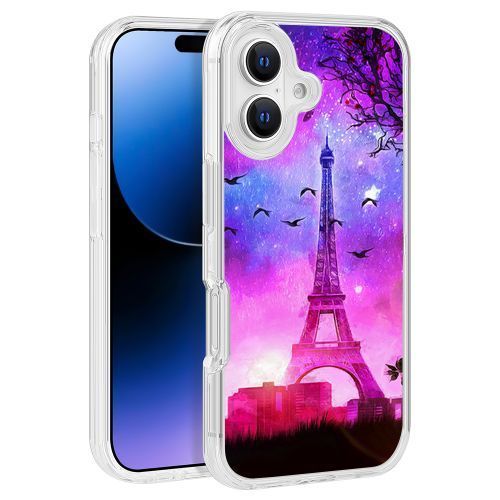 Pink & Purple Eiffel Tower Texture Design Clear PC Hard Cover for iPhone 16 (6.1) – TPU Bumper Edge Protection