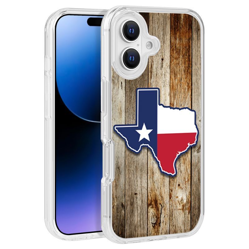 Texas Flag Map on Wood Grain Texture Design Clear PC Hard Cover for iPhone 16 (6.1) – TPU Bumper Edge Protection
