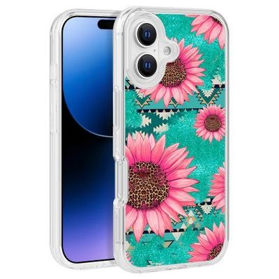 Big Pink Flower & Turquoise Aztec Texture Design Clear PC Hard Cover for iPhone 16 (6.1) – TPU Bumper Edge Protection
