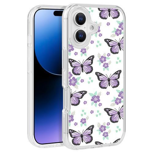 Purple Butterfly & Flowers Texture Design Clear PC Hard Cover for iPhone 16 (6.1) – TPU Bumper Edge Protection