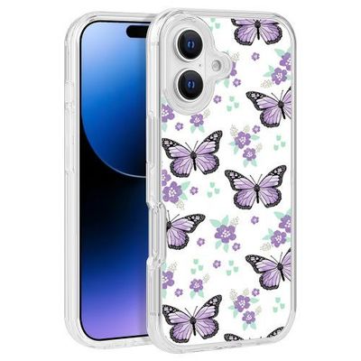 Purple Butterfly & Flowers Texture Design Clear PC Hard Cover for iPhone 16 (6.1) – TPU Bumper Edge Protection