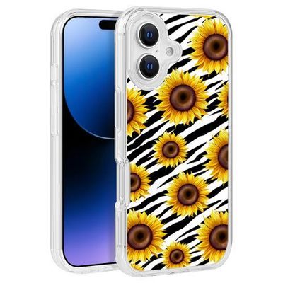 Sunflower & Zebra Texture Design Clear PC Hard Cover for iPhone 16 (6.1) – TPU Bumper Edge Protection