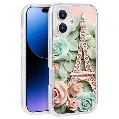 Light Pink Eiffel Tower & Flower Design Clear PC Hard Cover for iPhone 16 (6.1) – TPU Bumper Edge Protectio