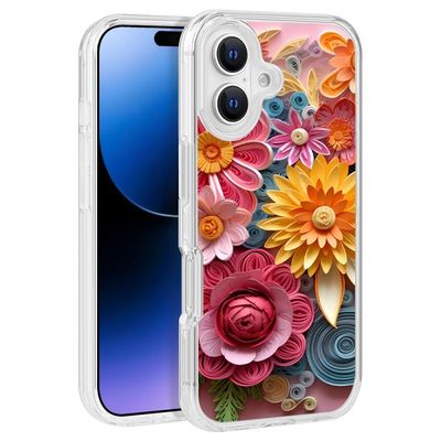 Colorful Pink & Orange Flowers Design Clear PC Hard Cover for iPhone 16 (6.1) – TPU Bumper Edge Protection