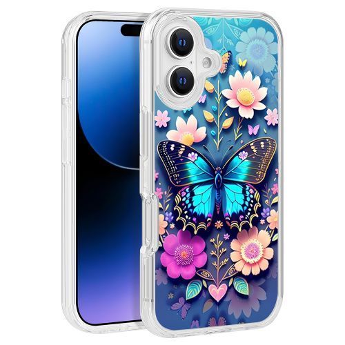 Blue Butterfly & Flowers Design Clear PC Hard Cover for iPhone 16 (6.1) – TPU Bumper Edge Protection