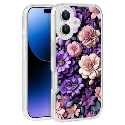 Purple & Pink Flowers Design Clear PC Hard Cover for iPhone 16 (6.1) – TPU Bumper Edge Protection