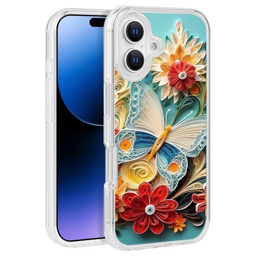 Red Flower with Blue Butterfly Design Clear PC Hard Cover for iPhone 16 (6.1) – TPU Bumper Edge Protection